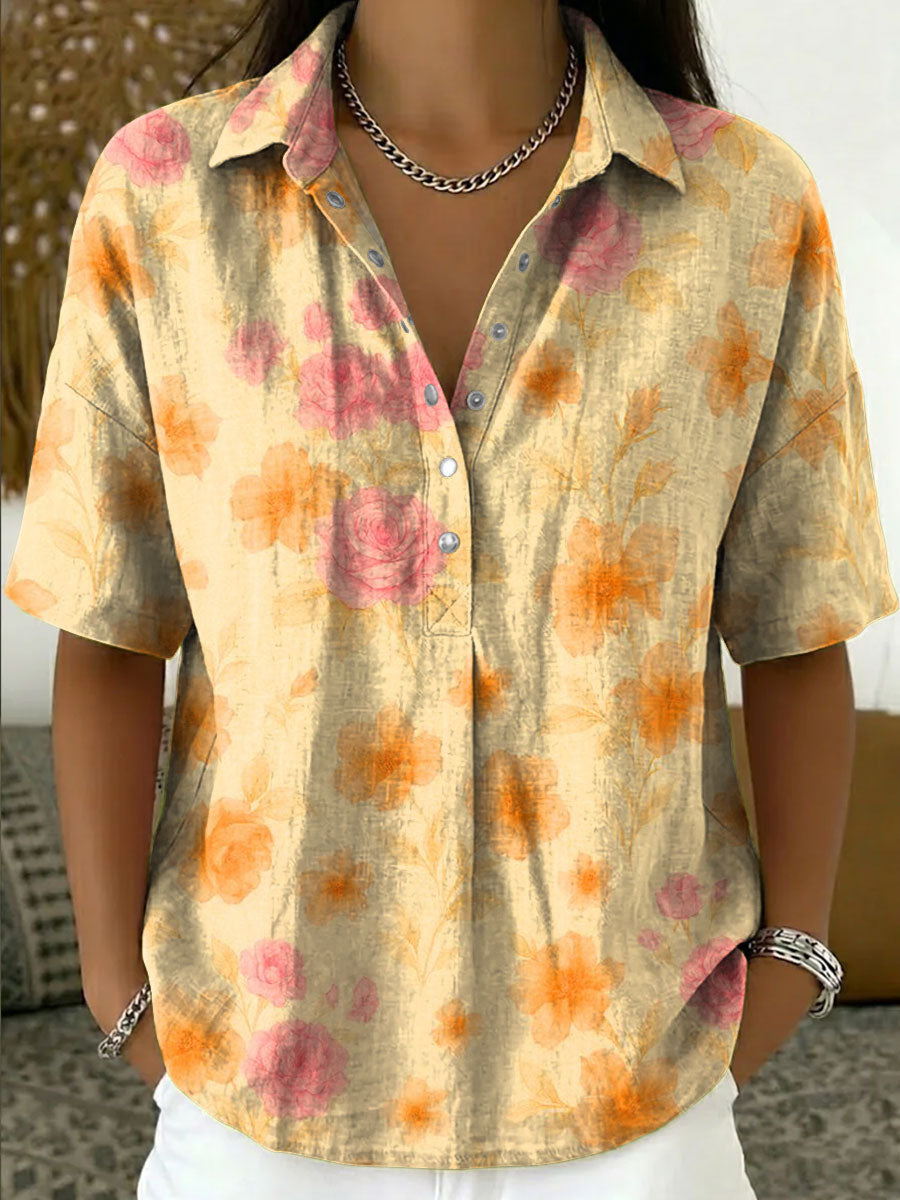 Women's Vintage Botanical Floral Casual Polo Collar Short-sleeved Linen And Cotton Shirt