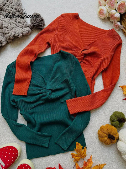 Women's Solid Color V-Neck Long Sleeve Casual Knit Sweater