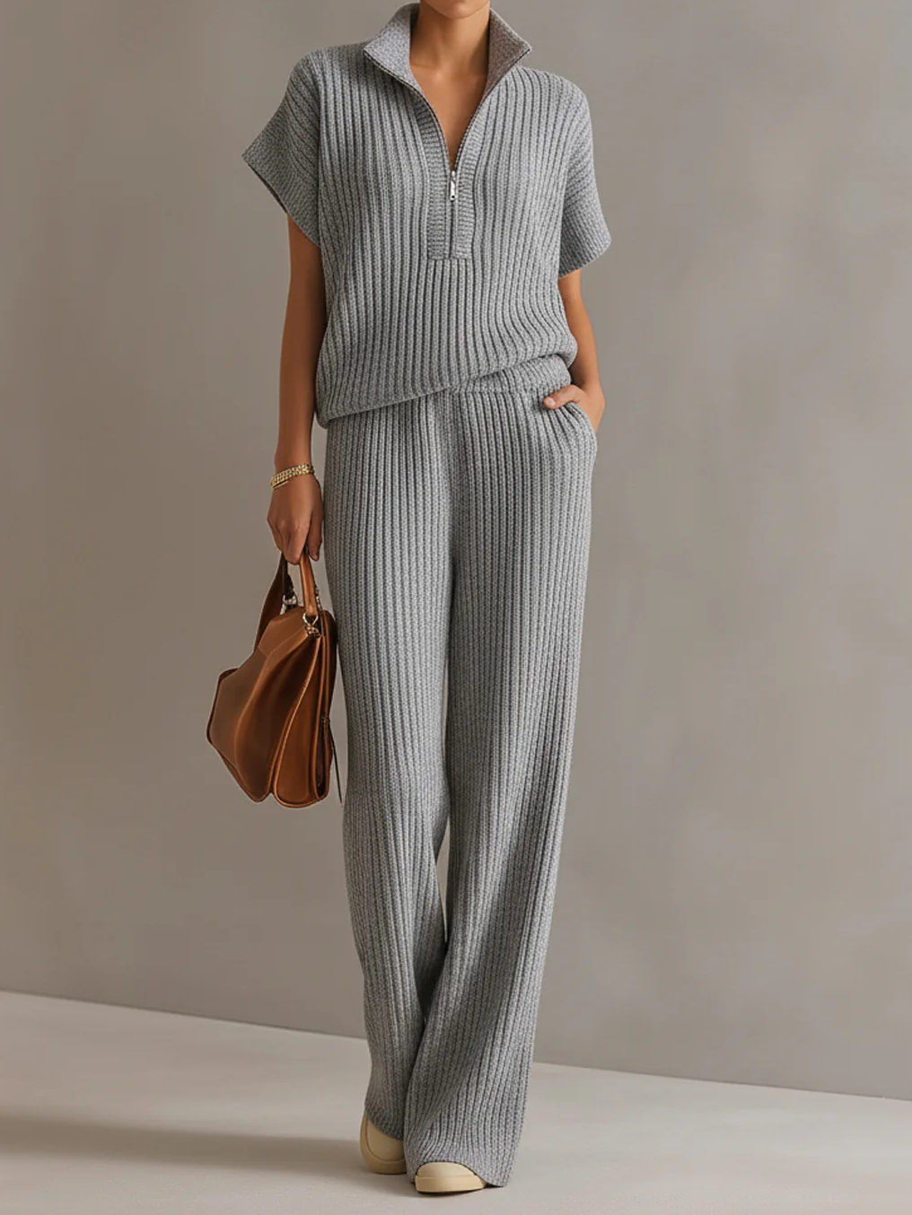 Casual Zippered Stand-collar Top And Straight-leg Pants Knitted Set