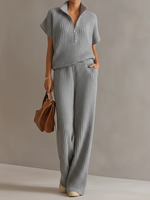 Casual Zippered Stand-collar Top And Straight-leg Pants Knitted Set