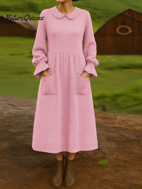 Women's Solid Color Peter Pan Collar Long Sleeve Casual Loose Pocket Knit Dress