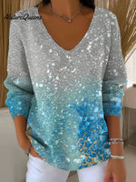 Women's Color Gradient Art Pattern Art V-neck Solid Color Loose Shiny Sweater