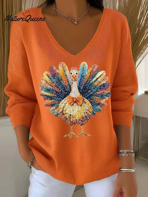 Women's Thanksgiving Turkey Pattern Art Print Casual V-Neck Sweater