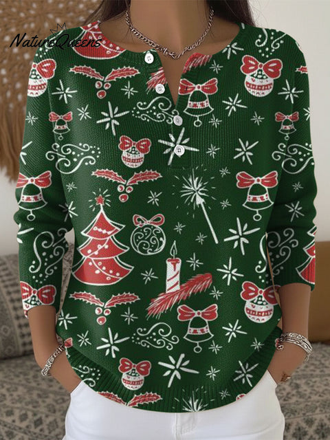 Women's Christmas Colors Trees Snowflakes Pattern Art Print Buttoned Cardigan Sweater