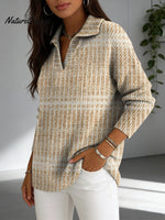 Women's Vertical Short Line Decorative Pattern Casual Shirt Collar Long Sleeve Sweater