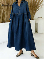 Women's V-neck Long-sleeved Casual Loose Denim Dress