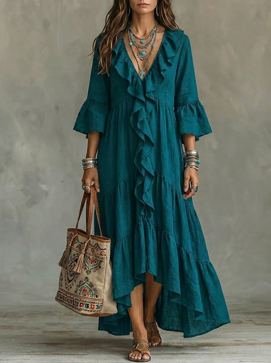 Women's Three-quarter Sleeves Ruffled Cutout Details Maxi Dress