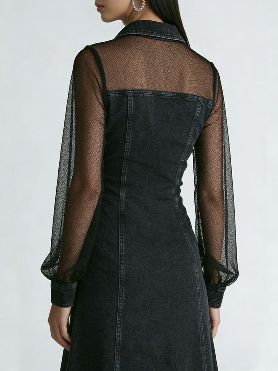 A Stylish Denim Dress With Mesh Sleeve Paneling.