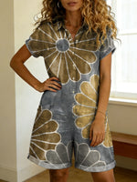 Women's Flower Print Casual Cotton Jumpsuit Shorts