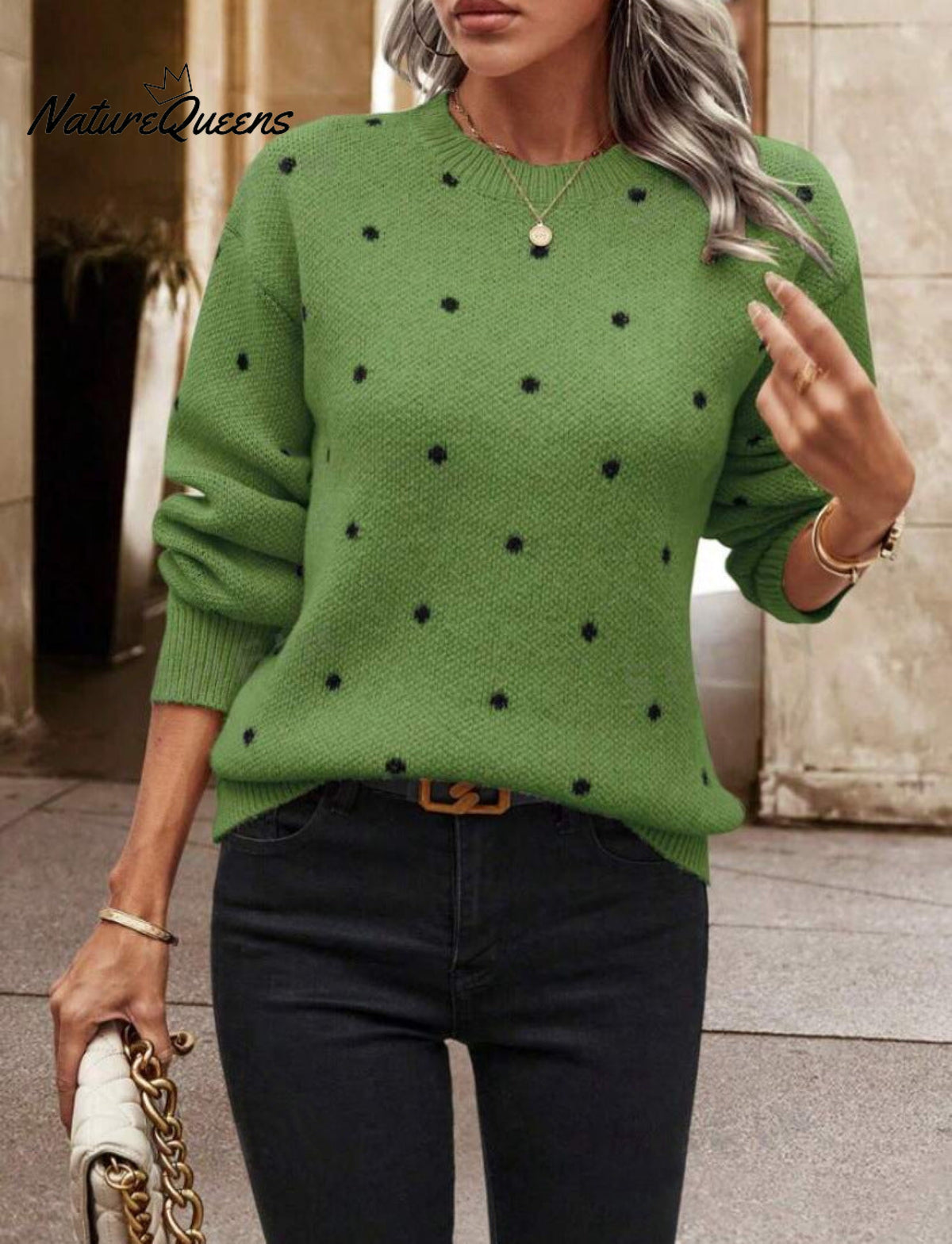 Women's Polka Dot Casual Round Neck Knit Long-sleeved Sweater