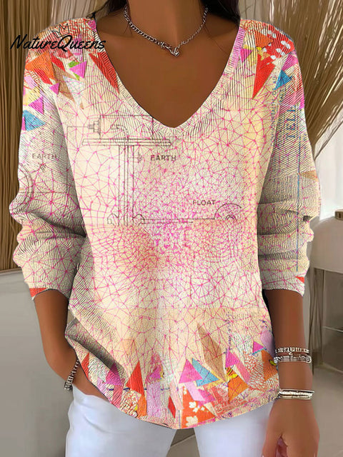 Women's Circle Collage Art Abstract Pattern Art V-neck Solid Color Loose Shiny Sweater