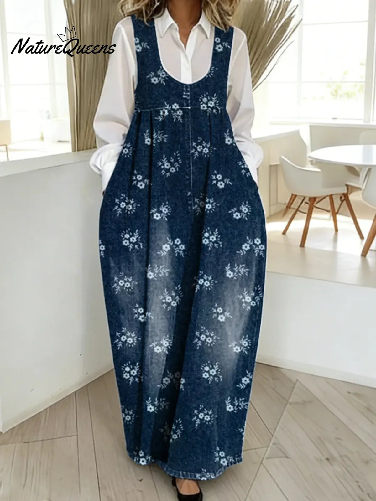 Women's Vintage Flower Pattern Art Print Casual Cotton Denim Dress