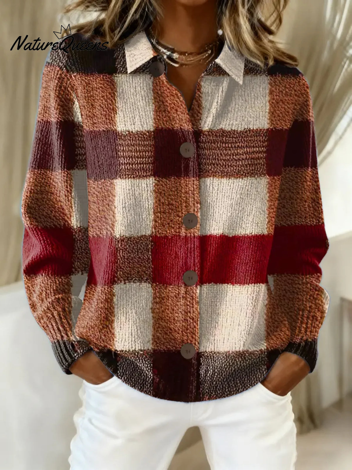 Women's Plaid Pattern Art Print Casual Cotton Knitted Sweater