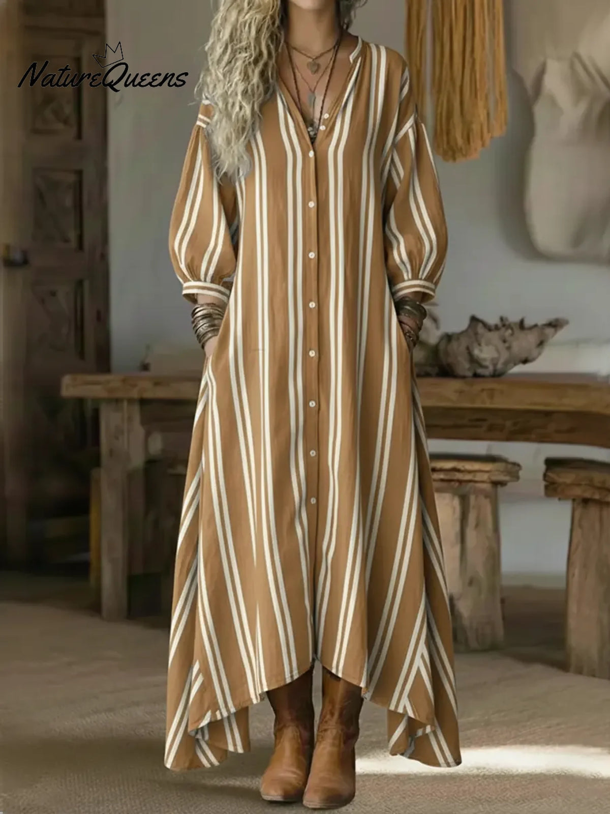 Women's Casual Striped Linen-cotton Dress