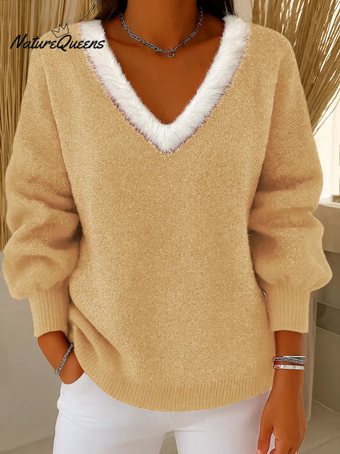 Women's V-neck Long Sleeve Casual Loose Knit Pullover