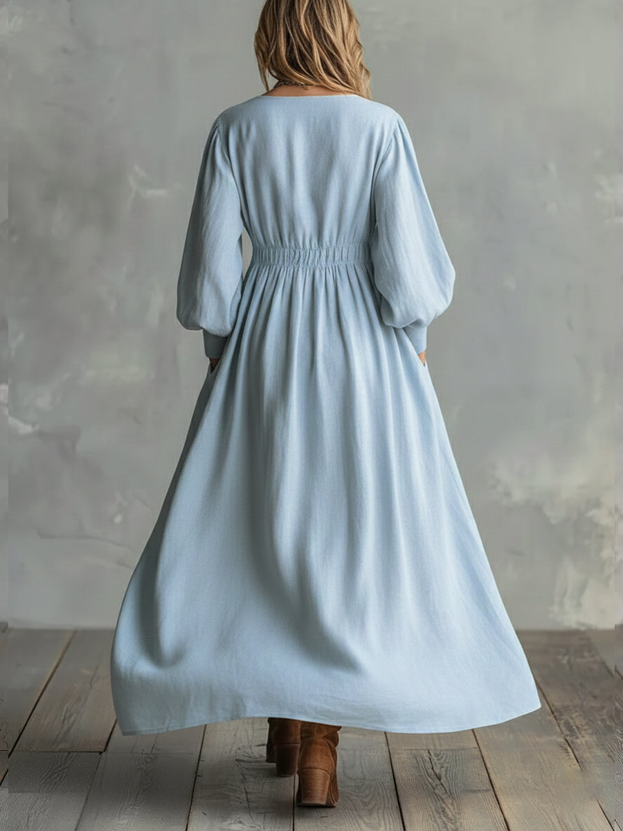 Waist-elastic Linen And Cotton Lantern-sleeved Dress