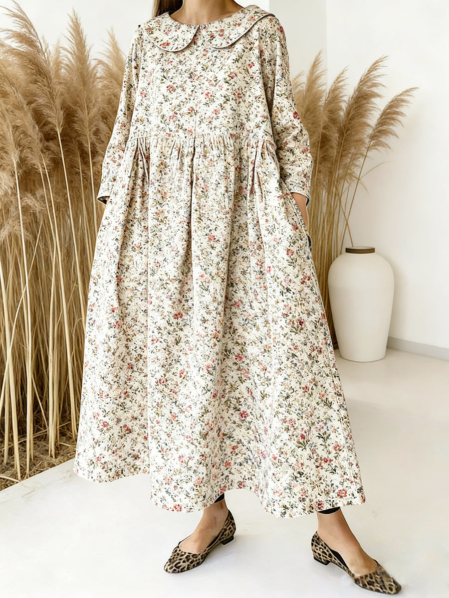 Women's Floral Art Print Peter Pan Collar Long-sleeved Loose Casual Denim Dress