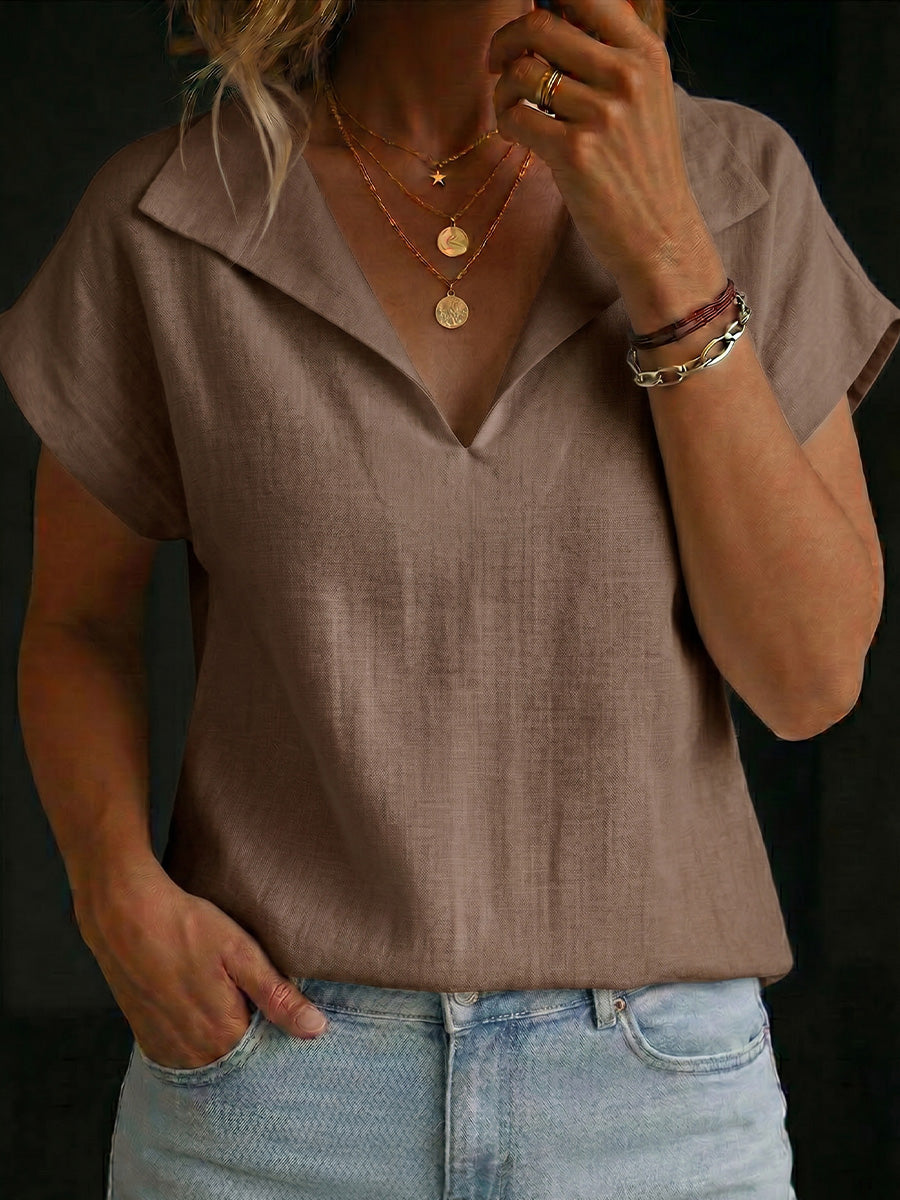 Women's Lapel Collar Short-sleeve Cotton-linen Top