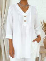 Casual V-neck Pleated Button-down Loose-fitting Linen-cotton Top