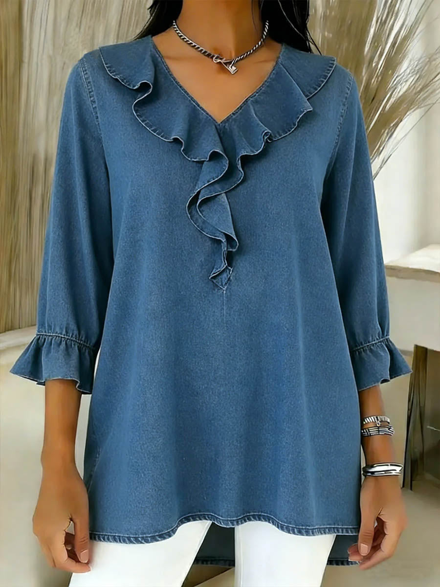 Women's Ruffled V-neck Three-quarter Sleeve Casual Loose Denim Top
