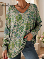 Women's Floral Pattern Art Print V-neck Casual Cotton T-shirt