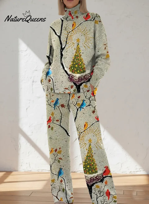 Women's Retro Christmas  Art Print Casual Knit Set