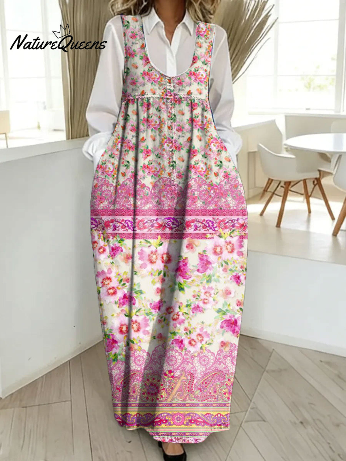 Women's Retro Splicing Colorful Flowers Pattern Art Print Casual Cotton Denim Dress