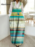 Women's Retro Splicing Colorful Stripe Pattern Art Print Casual Cotton Denim Dress