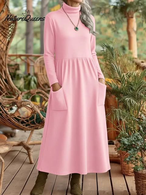 Women's Solid Color High-neck Long-sleeved Casual Loose-fit Velvet Dress