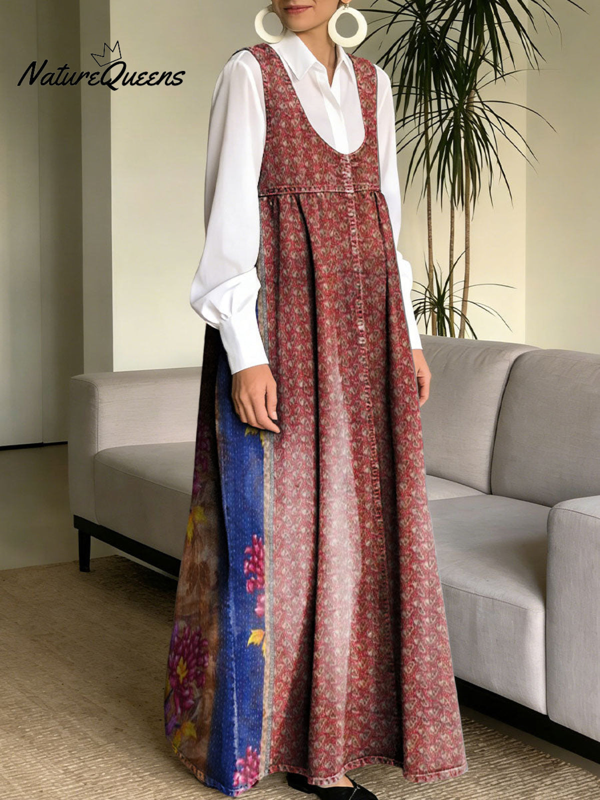 Women's Retro Splicing Colorful Flowers Pattern Art Print Casual Cotton Denim Dress