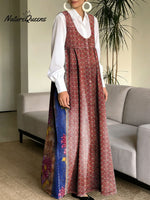 Women's Retro Splicing Colorful Flowers Pattern Art Print Casual Cotton Denim Dress