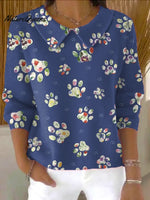 Women'sCute Cat Paws Print Casual Peter Pan Collar 3/4 Sleeve Sweater