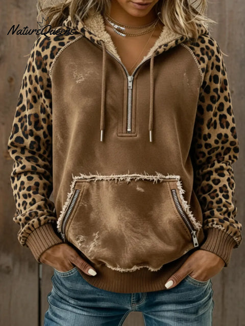 Casual Cozy Leopard Print Patchwork Sweatshirt