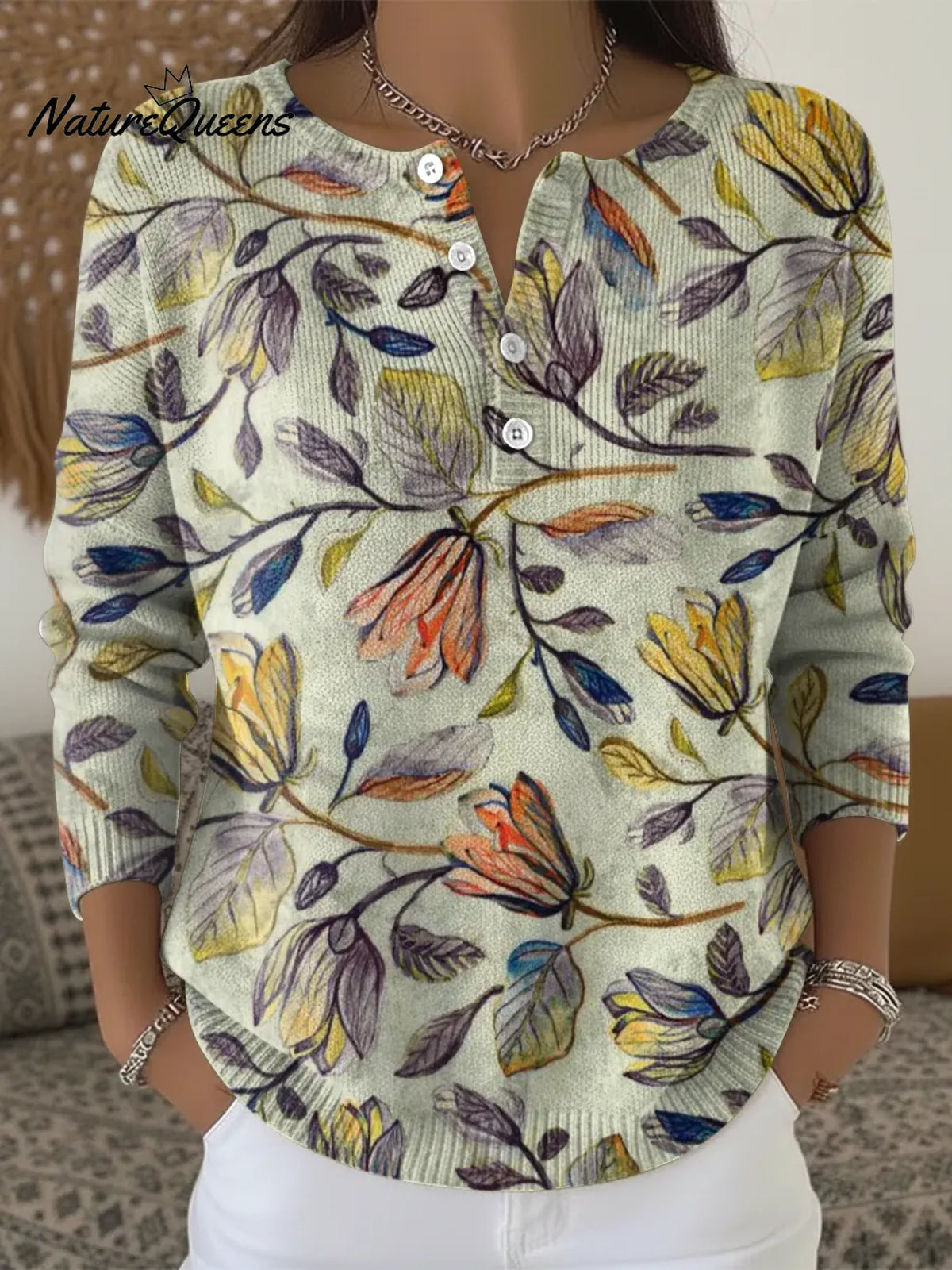 Artistic Flowers Print Buttoned Cardigan Sweater