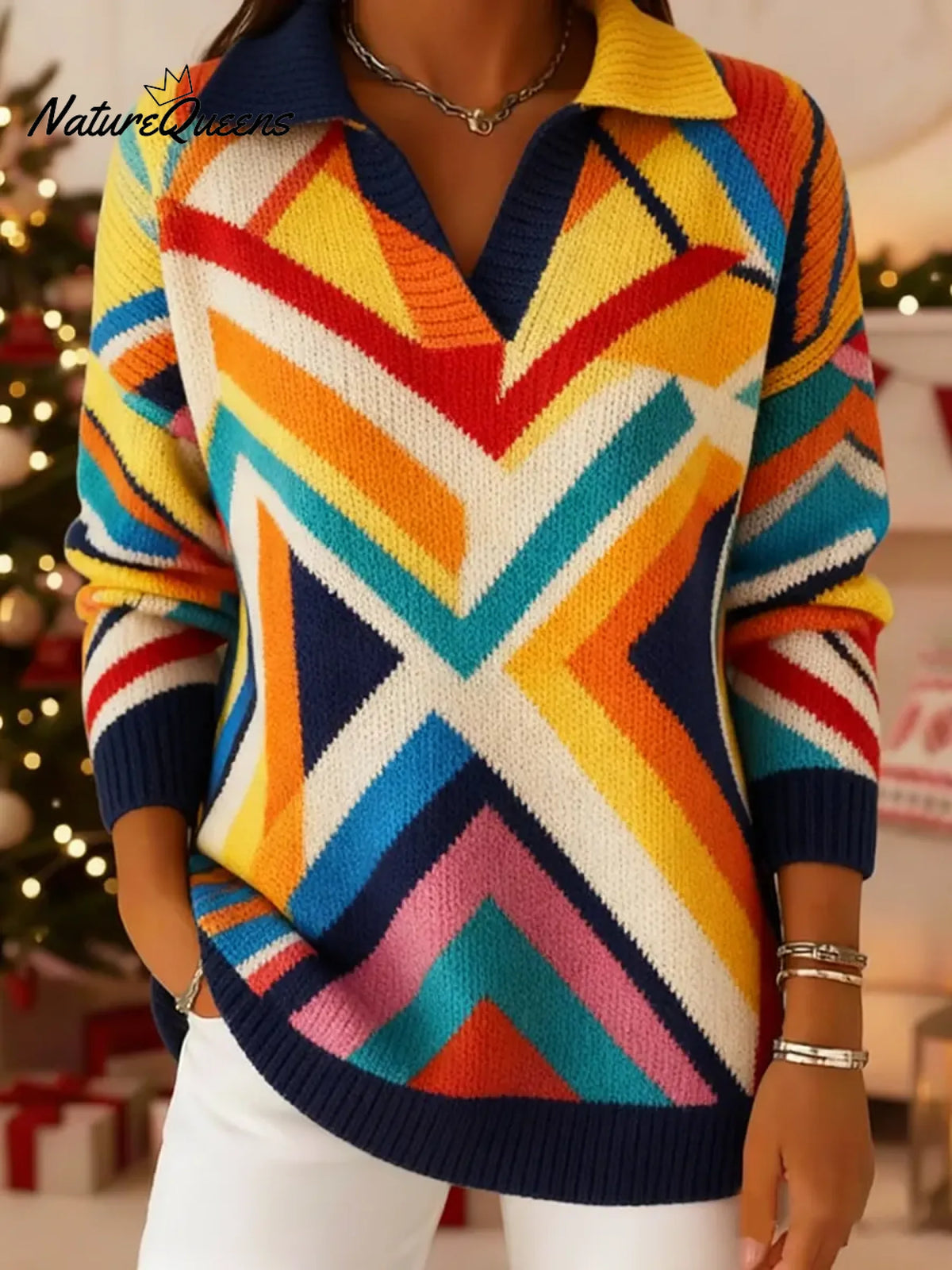 Women's VintageGeometric Lines Art Print Casual Sweater