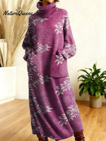 Women's Retro Splicing Colorful Flowers Pattern Art High-neck Long-sleeve Casual Loose Knit Dress