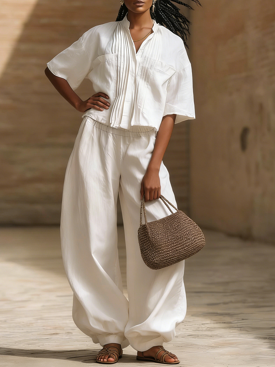 Casual Pleated Shirt & Wide-leg Pants Cotton Linen Two-piece Set
