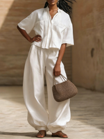 Casual Pleated Shirt & Wide-leg Pants Cotton Linen Two-piece Set
