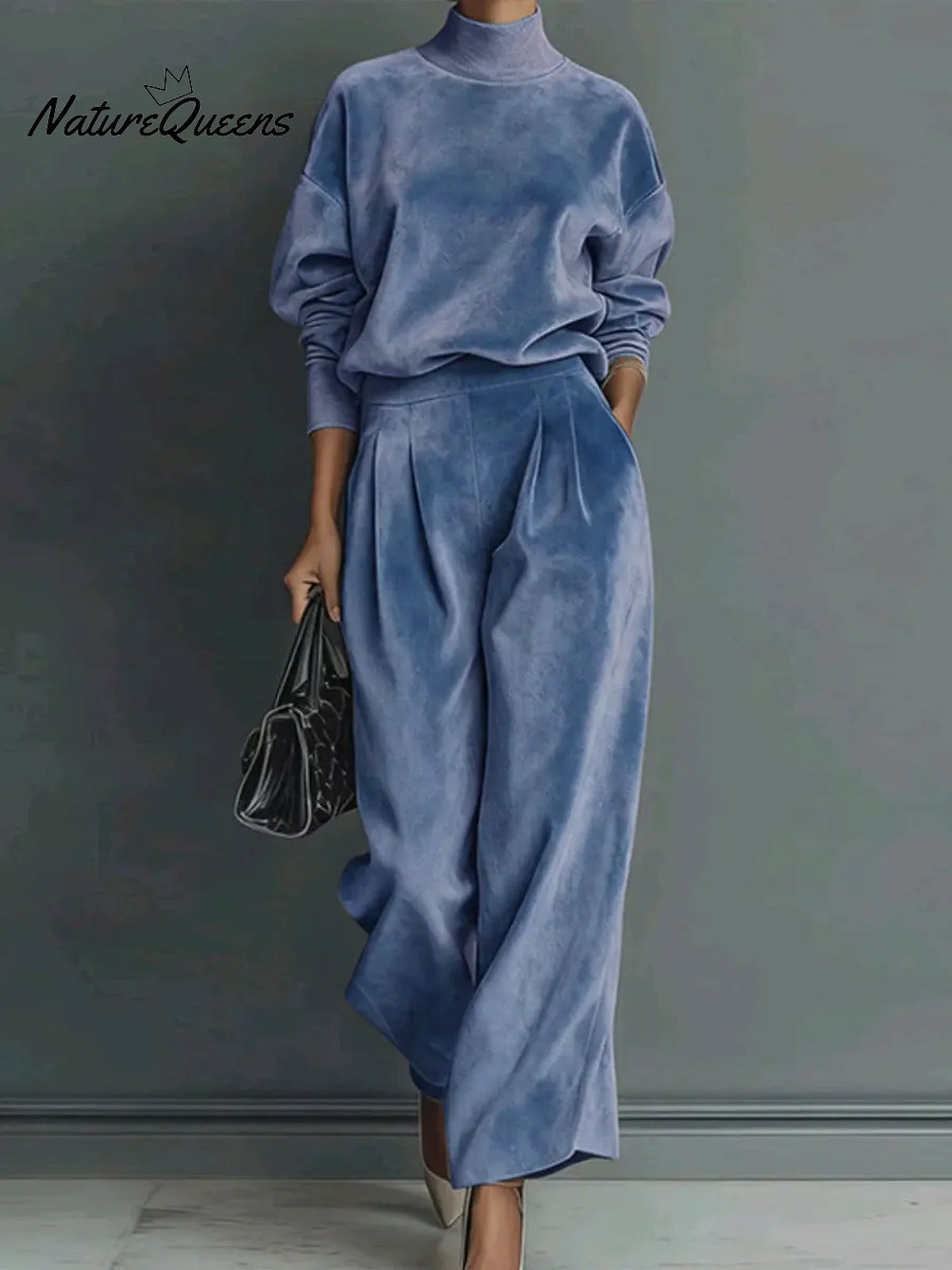 Women's Solid Color Stand Collar Long Sleeve Casual Loose Velvet Top And High Waist Casual Wide Leg Pants Set