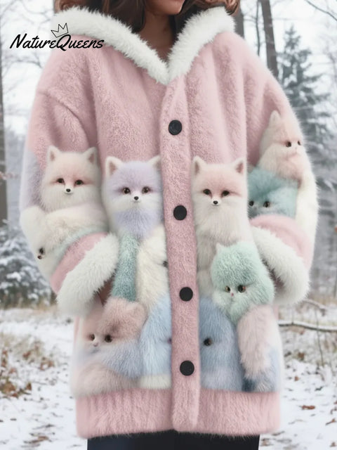 Winter Forest Cute Fox Mink Fleece Button Coat