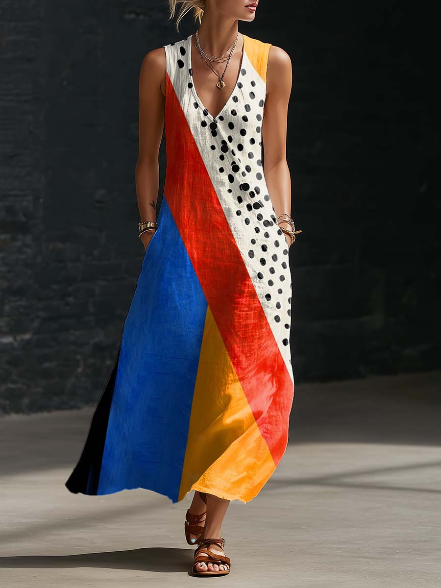 Women's Geometry Print Button-down V-neck Casual Dress