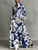 Vacation-style Large Floral Decorative Pattern Women's Long Sleeve Shirt Collar Dress