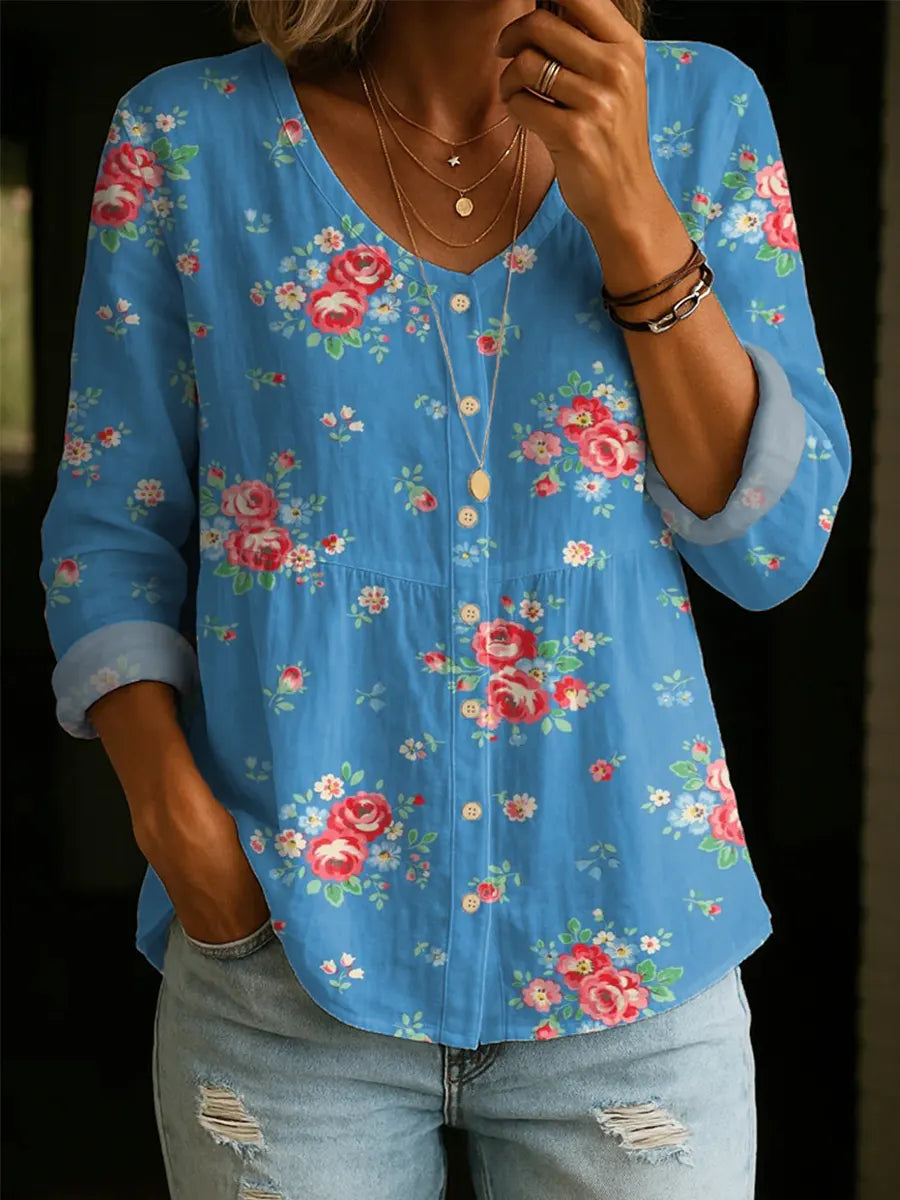 Women's Retro Floral Pattern Art Print Casual Cotton Shirt