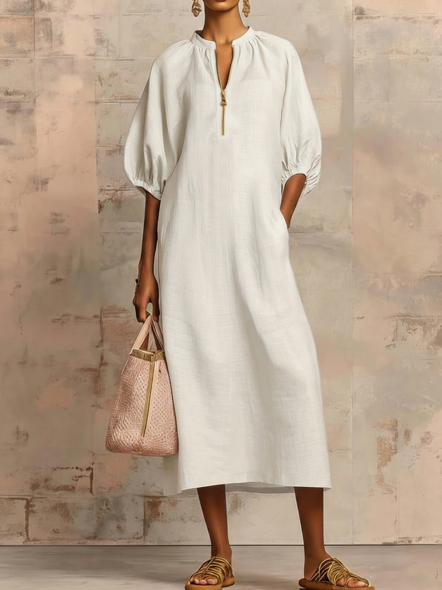 Stylish Zippered Loose Linen-cotton Midi Dress
