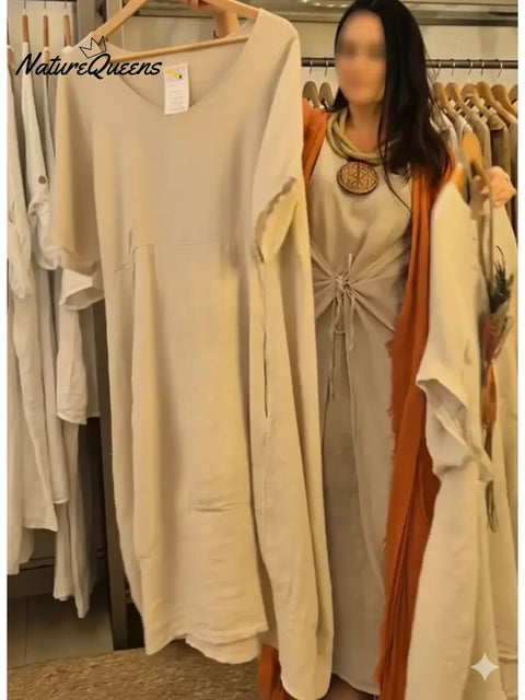 Women's Casual V-neck Pocket Cotton Linen Dress