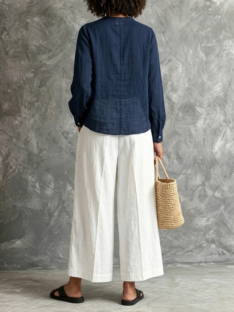 Conjunto sencillo informal de algodón y lino para mujer.