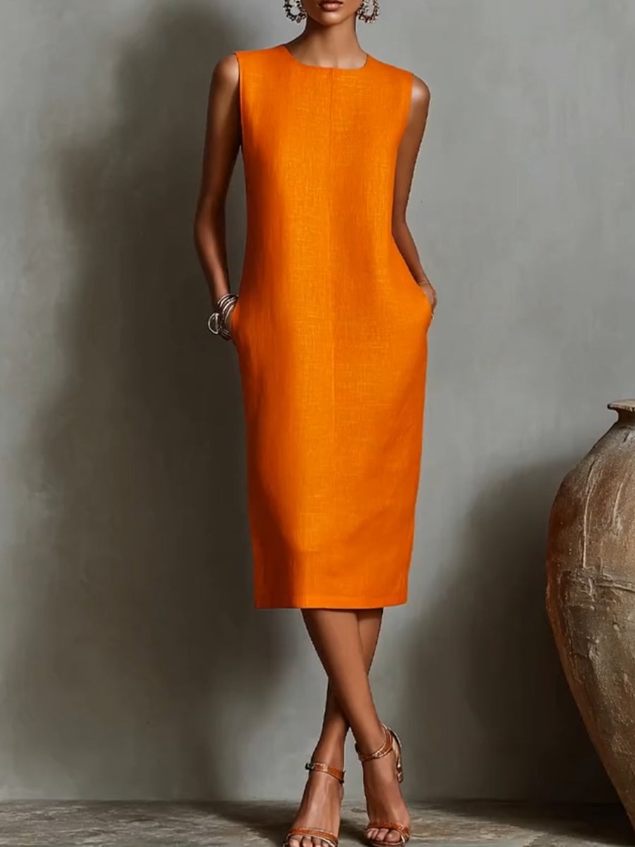 Simple And Classic Sleeveless Linen And Cotton Dress