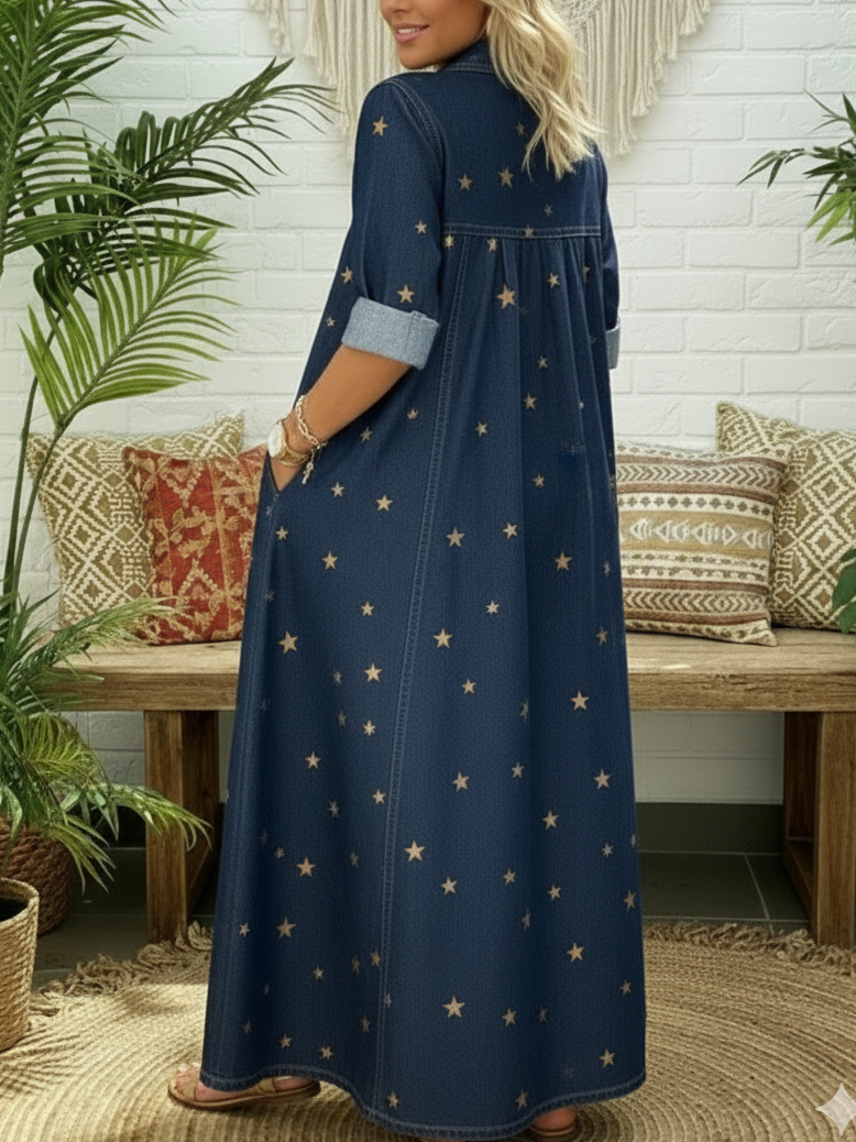 Casual Polo Collar Gold Star Print Denim Dress