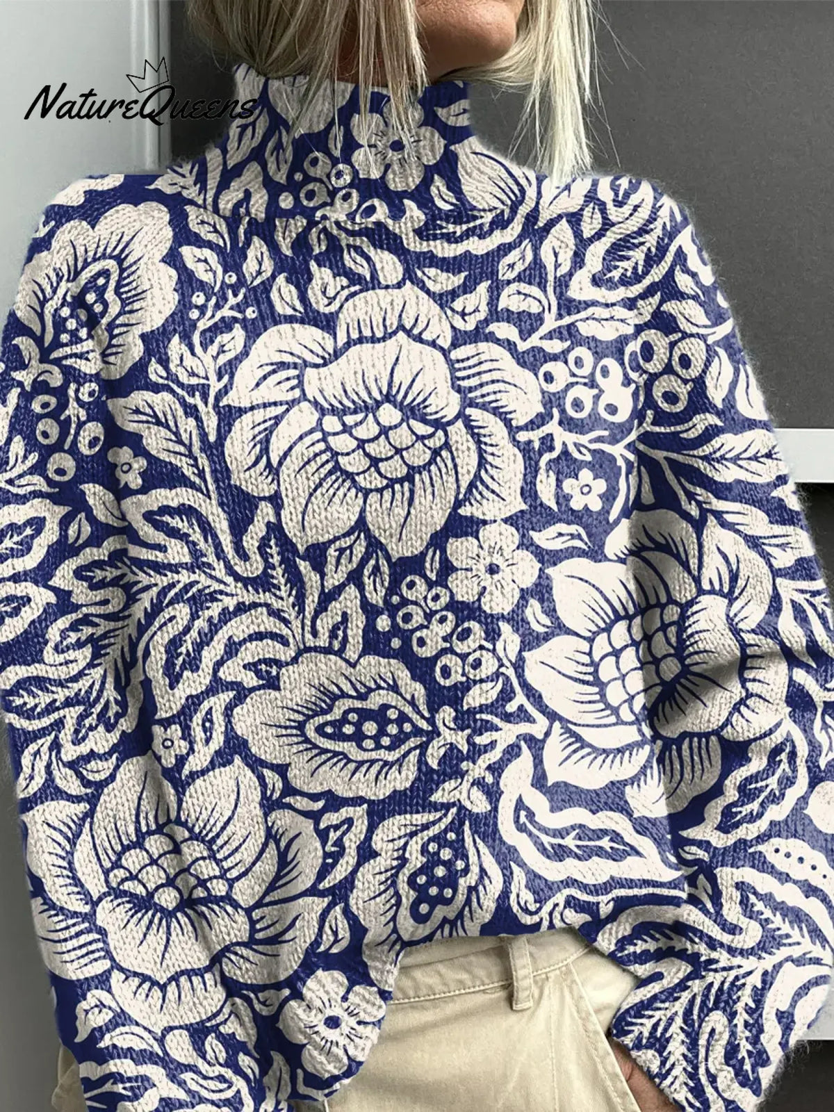 Women's Floral Pattern Art Print Casual Turtleneck Sweater