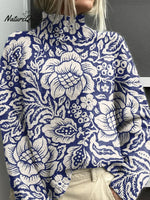Women's Floral Pattern Art Print Casual Turtleneck Sweater
